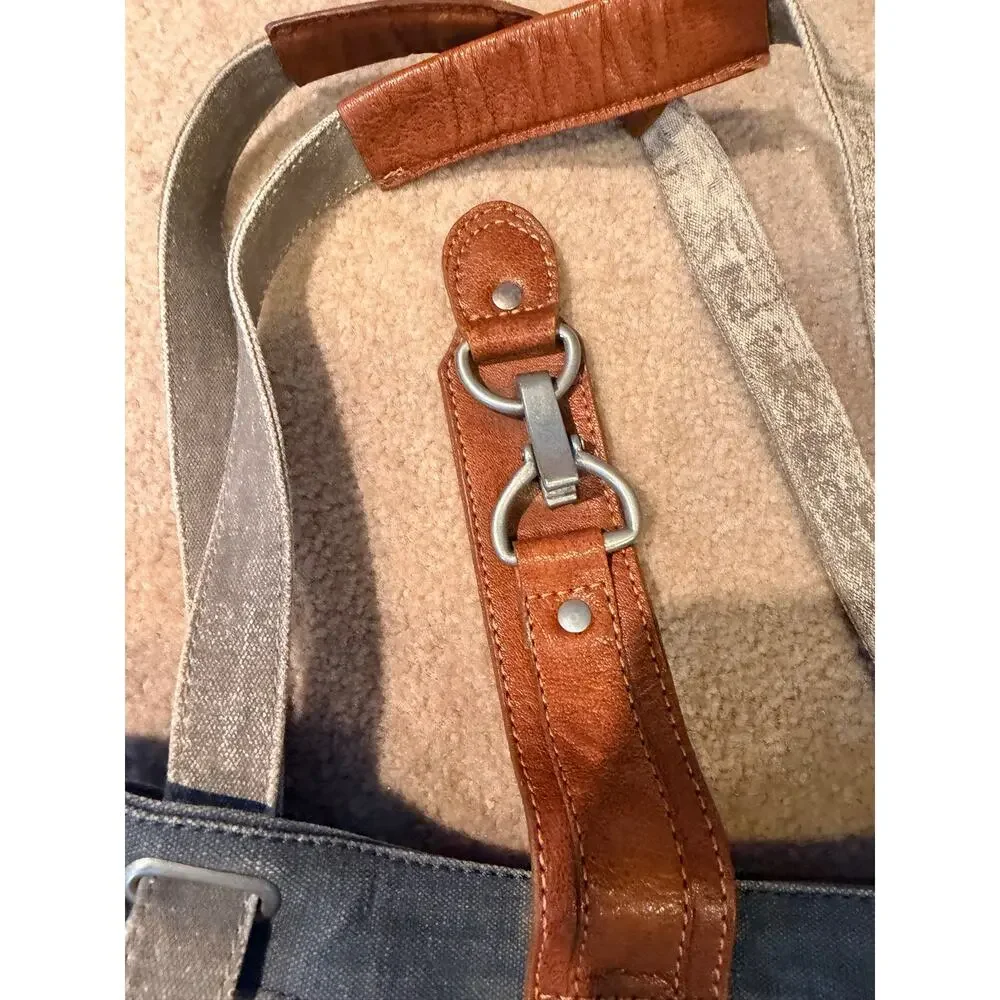 Mona B Upcycled Canvas Tote Handbag Blue Brown Vegan Leather Shoulder Bag Purse